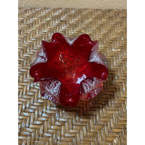 Vintage Murano Art Glass Bowl Folded Edge Silver Fleck Red MCM Dish 60s - Picture 1 of 9